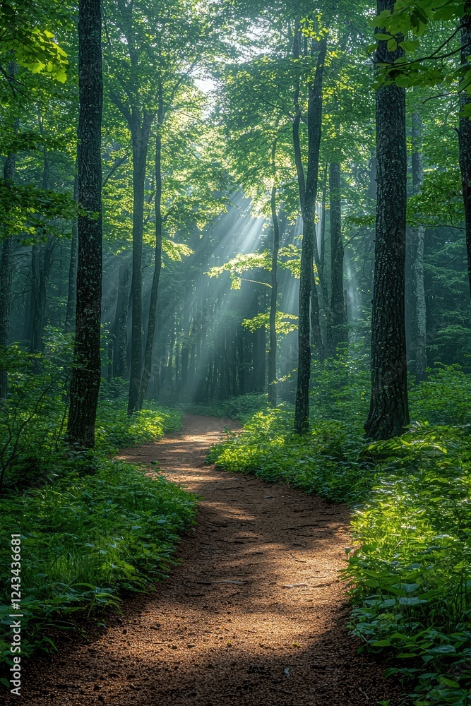 Obraz premium Sunbeams Illuminate A Forest Path Winding Through Lush Greenery