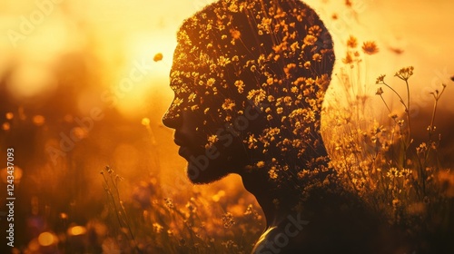 Mystical profile of a man filled with flowers at sunset in a serene field setting photo