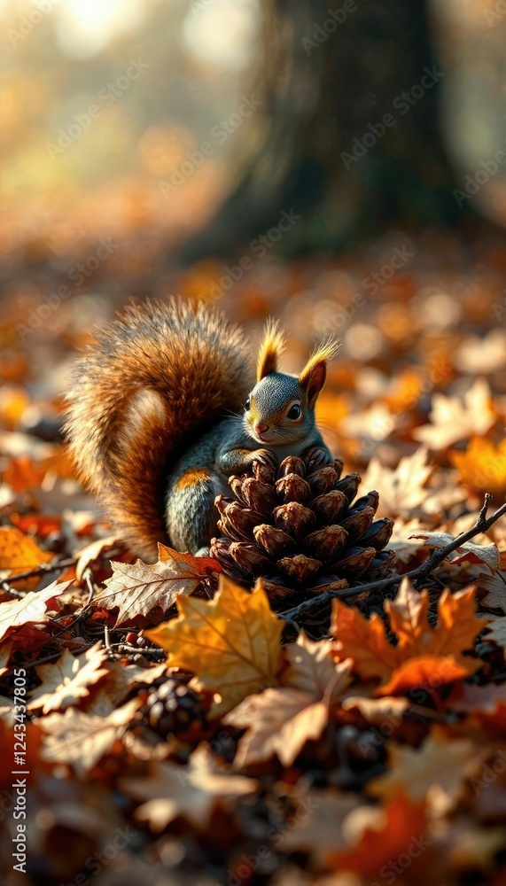 Fototapeta premium tiny squirrel curled around a small pine cone snuggled up in a bed of dry autumn leaves, squirrel behavior, pine cone