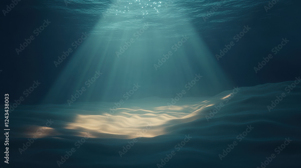 A tranquil oceanic landscape seen from below, with sunbeams cutting through the gently undulating waves, casting intricate reflections on the sandy seabed A tranquil oceanic landscape seen from below, with sunbeams cutting through the gently undulating waves, casting intricate reflections on the sandy seabed