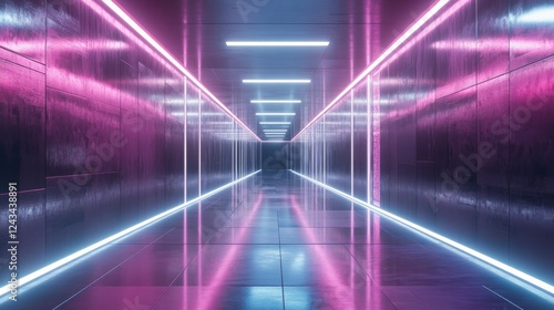 Reflective hallway with pink and blue lights creating a futuristic atmosphere at night
