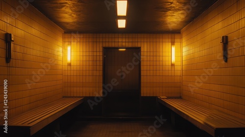 A cozy wooden sauna room with warm amber lighting and neatly arranged benches