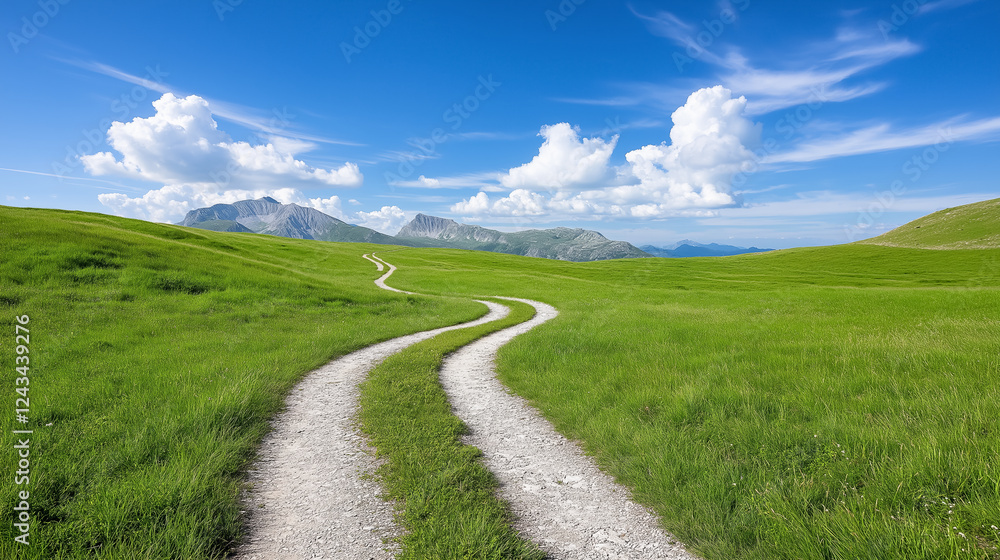 Unpaved roads winding through green fields under a bright blue sky Unpaved roads winding through green fields under a bright blue sky