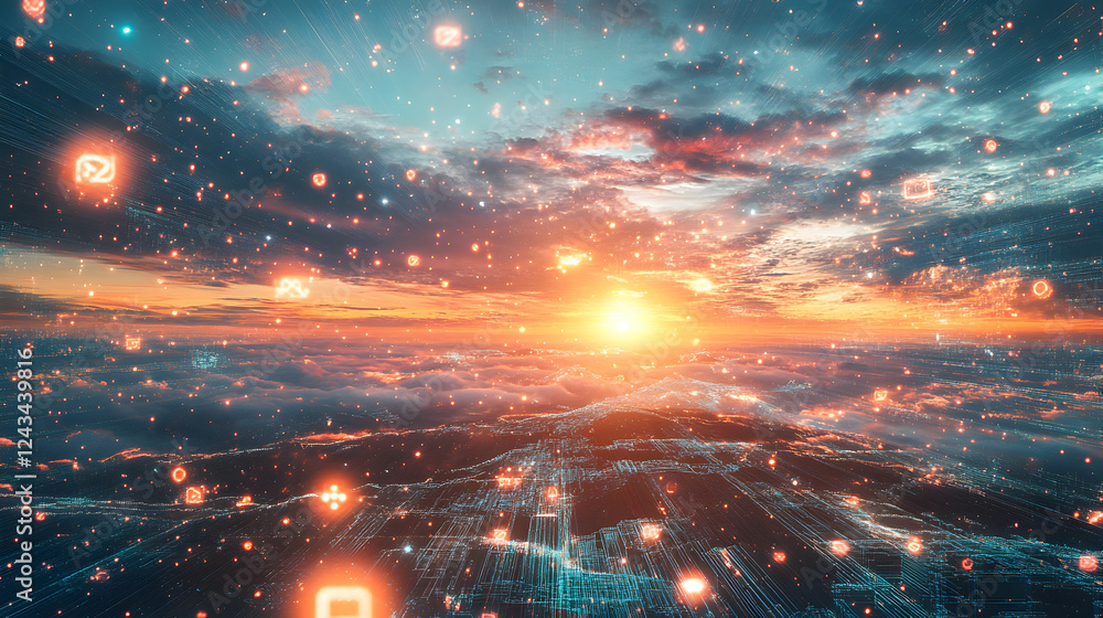landscape stretching into infinity, illuminated by a vibrant sunset and scattered with floating digital symbols landscape stretching into infinity, illuminated by a vibrant sunset and scattered with floating digital symbols