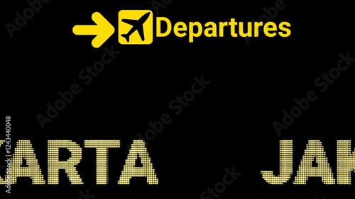 LED Departures Information Board Animation at JAKARTA Airport with Black Background. Suitable for airline commercials, travel guides, airport ads, and animation projects focused on aviation