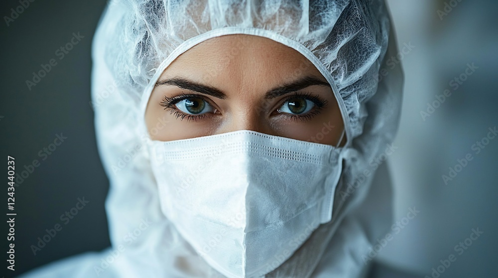 Focused female scientist in lab coat, mask, and hairnet, intense gaze, sterile background Focused female scientist in lab coat, mask, and hairnet, intense gaze, sterile background