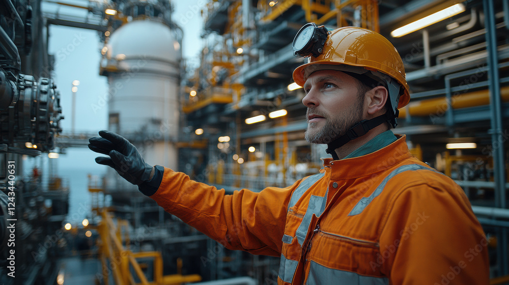 engineer in orange coverall and helmet inspects machinery in industrial setting, showcasing dedication and focus in complex environment engineer in orange coverall and helmet inspects machinery in industrial setting, showcasing dedication and focus in complex environment