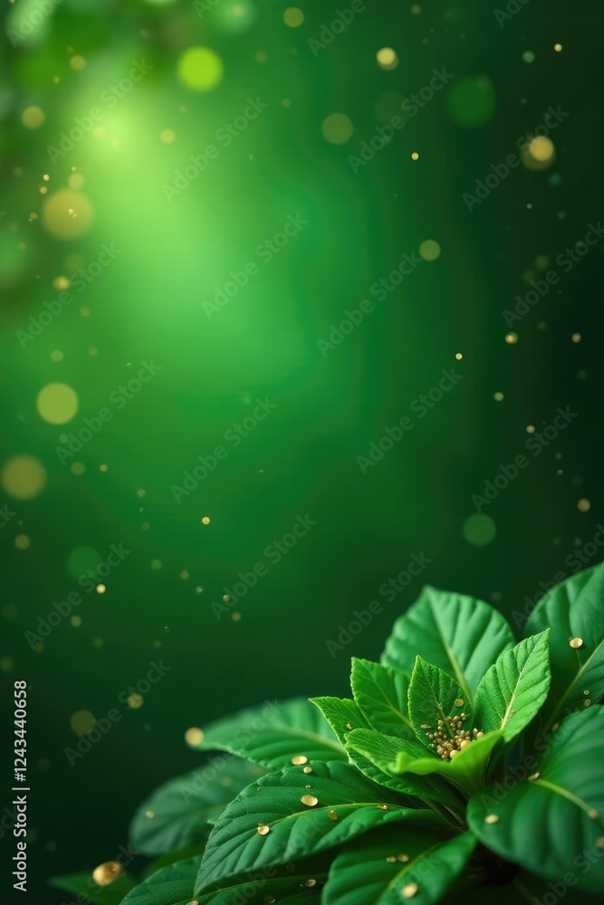 Elegant gold accents on a lush emerald greenery background, verdant, elegant, bokeh effect Elegant gold accents on a lush emerald greenery background, verdant, elegant, bokeh effect