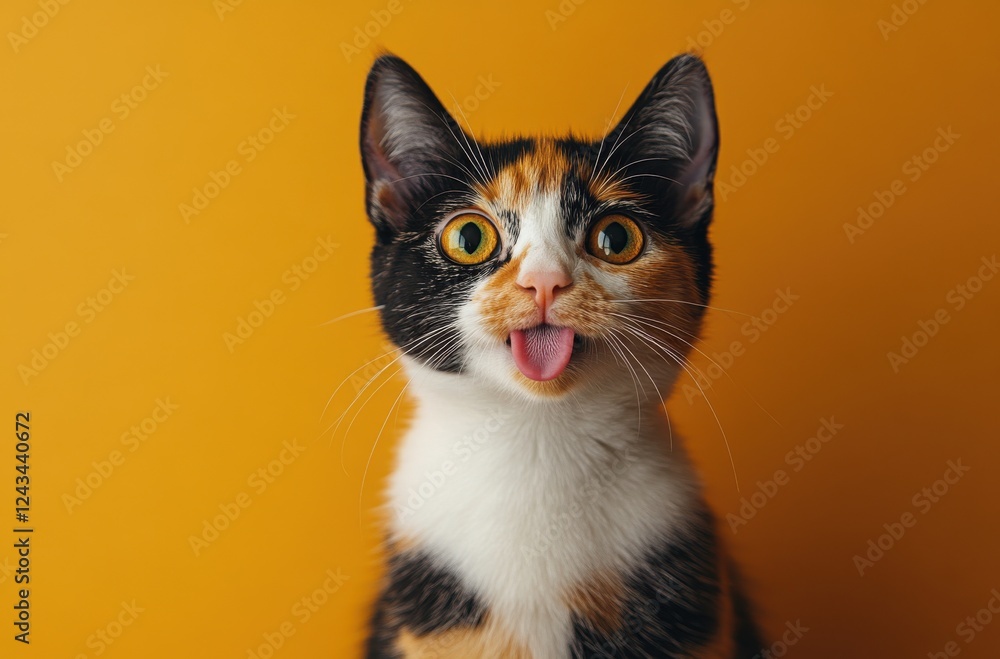Fototapeta premium Playful calico cat with vibrant fur and expressive face sticking out tongue against a bright orange backdrop, perfect for pet lovers and animal enthusiasts