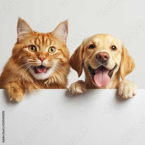 Playful cat and cheerful dog together on a clean background, representing friendship and love between pets in a joyful moment of companionship