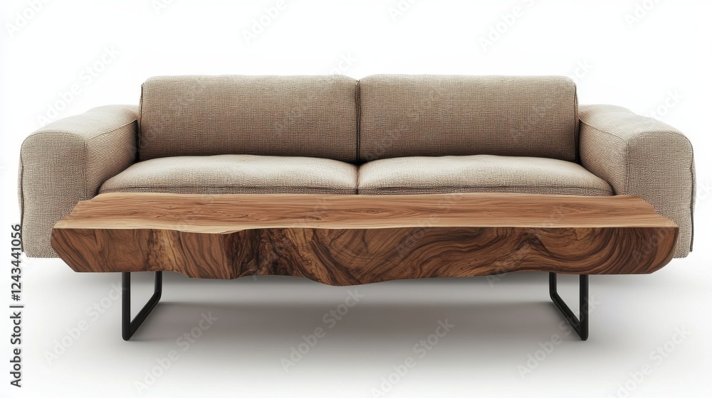 Fototapeta premium Contemporary living room design featuring a wooden coffee table and a cozy sofa for modern home comfort