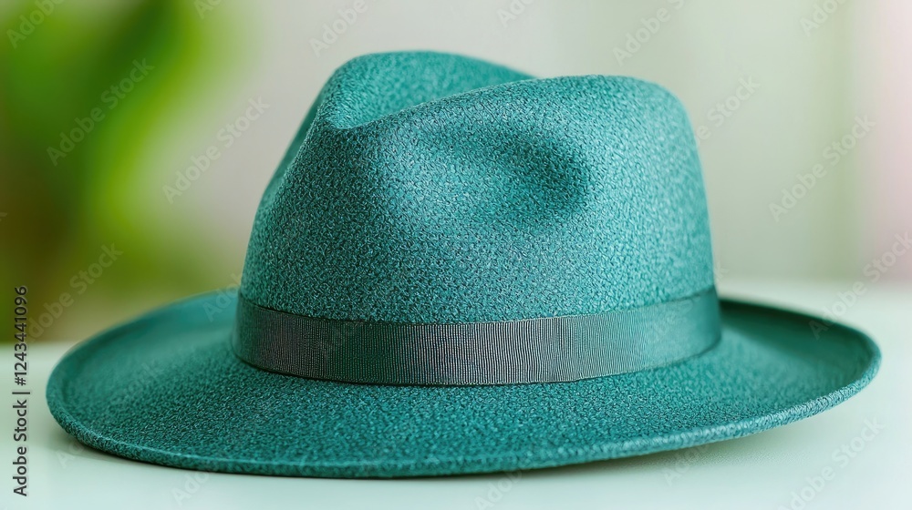 Teal fedora hat on table, soft background. Fashion accessory Teal fedora hat on table, soft background. Fashion accessory