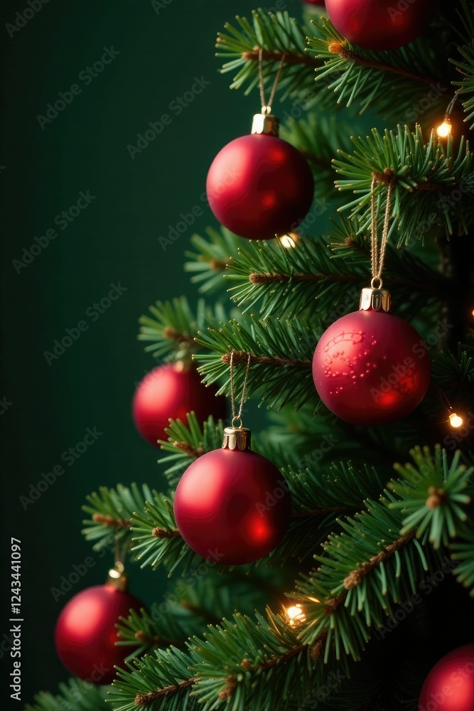 Naklejka premium Christmas tree decorated with red balls and ribbons, red balls christmas tree dark green ribbons festive, evergreen