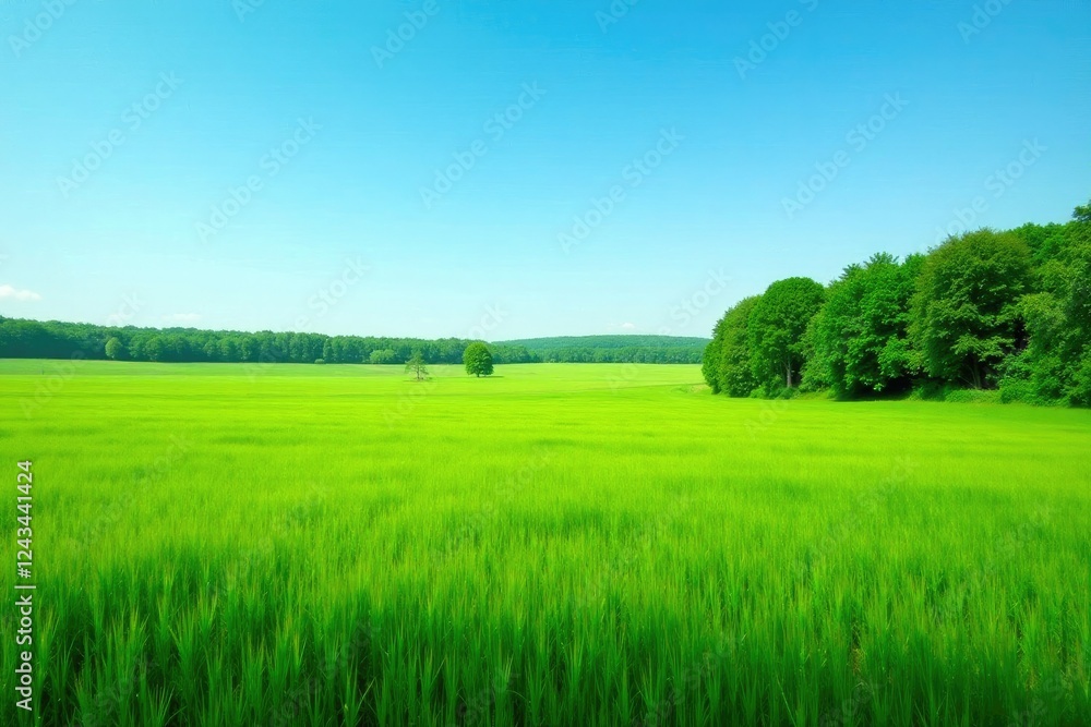 Obraz premium Crops and trees in a vast green meadow under clear blue sky, nature, landscape, fields
