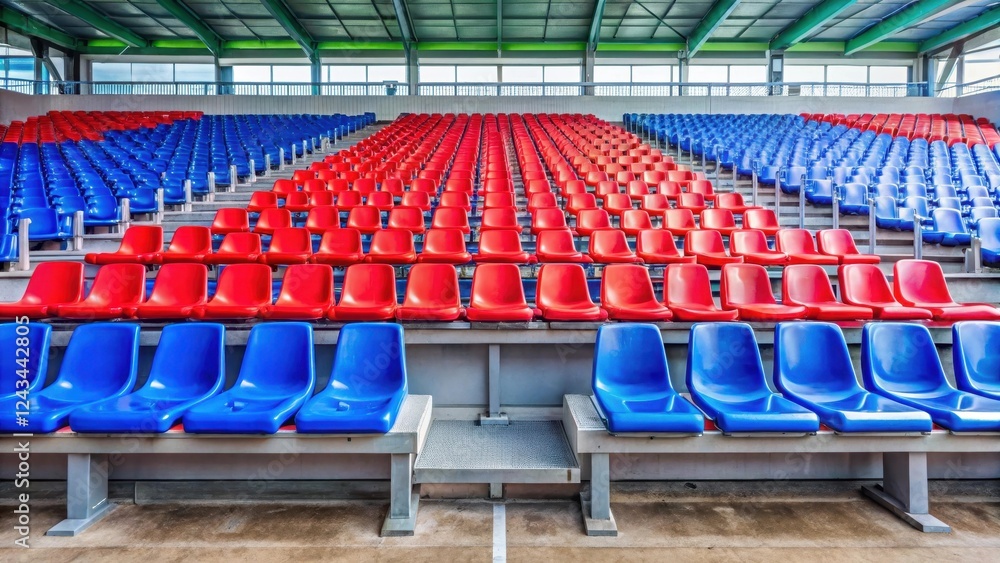 Fototapeta premium Bench in football stadium with red and blue seats, empty and sleek