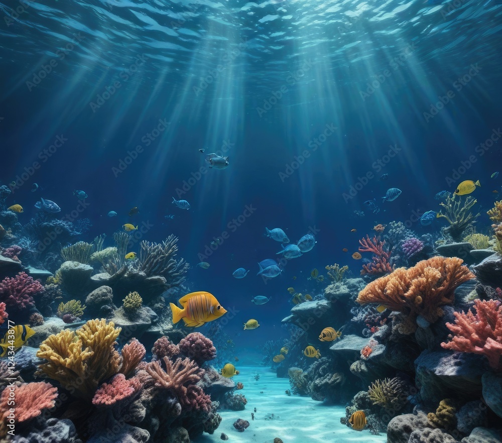 Fototapeta premium Underwater scene of fish and coral in blue striped water, seaweed, aquatic