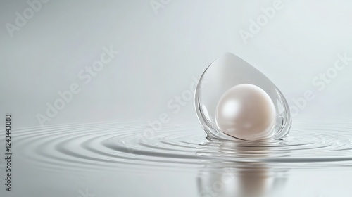 A pearl gently balanced on a glassy water surface, creating subtle ripples and reflections