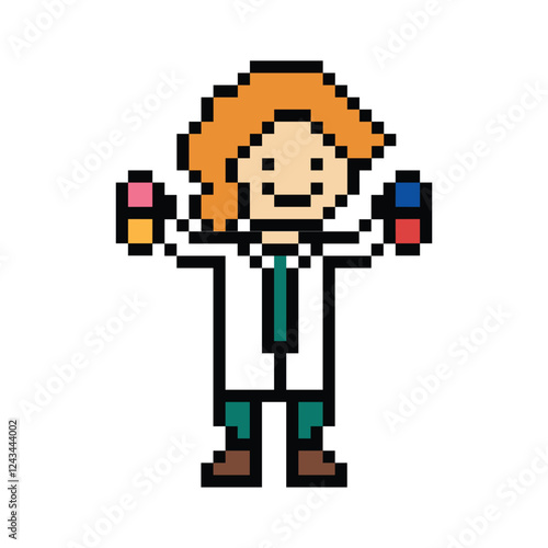 Cute pixel cartoon 8bit character woman doctor medicine care pill treat game care decoration pharmacist female doctor medicine hospital 8 bit lady pixel art game png vector.