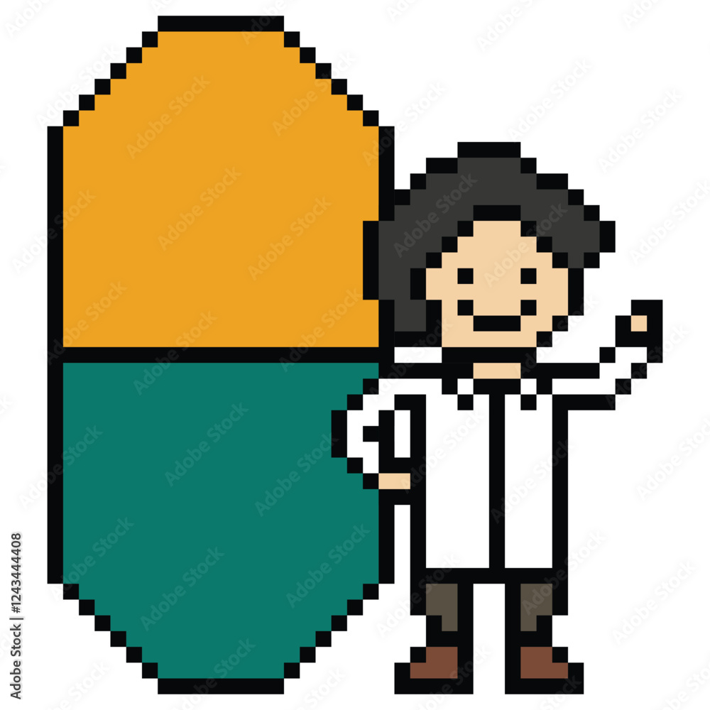 Obraz premium Cute pixel cartoon 8bit character man doctor medicine care pill treat game care decoration pharmacist male doctor medicine hospital 8 bit male pixel art game png vector.