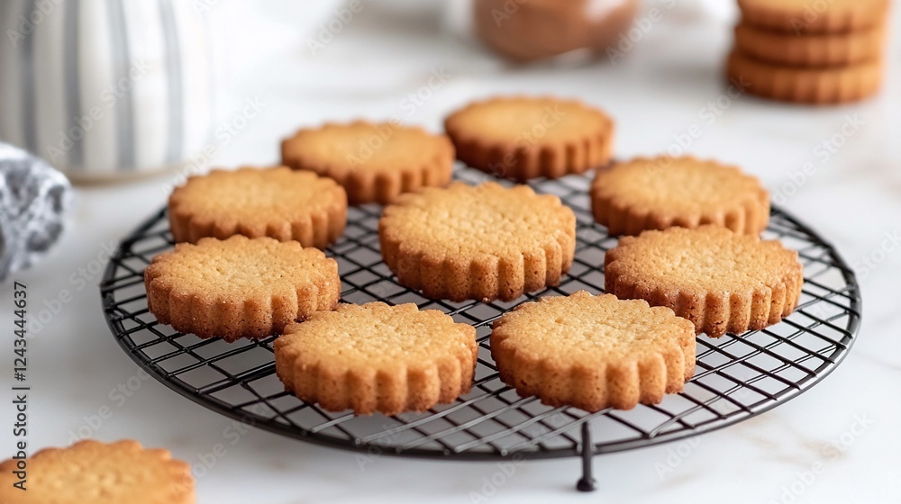 Golden cookies cooling on rack, kitchen setting, baking Golden cookies cooling on rack, kitchen setting, baking