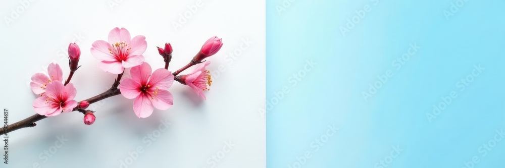 Obraz premium Serene floral branch against a bright blue sky on a clean white wall, gentle, branches, botanical