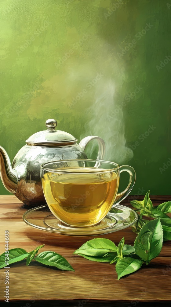Close-up of a steaming cup of green tea with a teapot and fresh leaves on a wooden surface Close-up of a steaming cup of green tea with a teapot and fresh leaves on a wooden surface