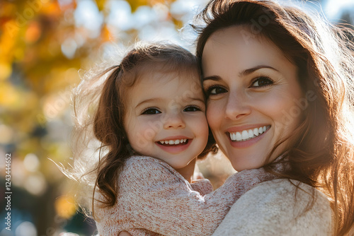 Mother and Daughter Having Fun Outdoors with Focus on Mothera??s Face photo