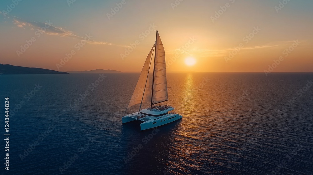 The motor yacht gracefully slicing through sparkling ocean, its white sails billowing in gentle breeze, sunset. The motor yacht gracefully slicing through sparkling ocean, its white sails billowing in gentle breeze, sunset.