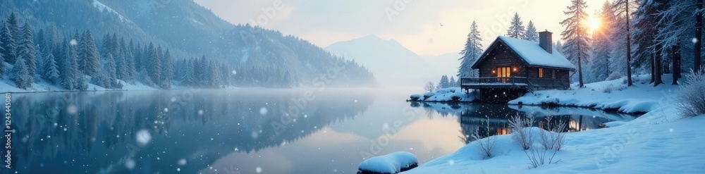 Fototapeta premium Snowflakes gently falling on a frozen lake near the cottage, lake, cold, serene