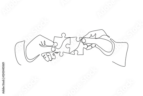 Continuous single line hand holding jigsaw puzzle business teamwork problem solving sketch drawing one line vector illustration