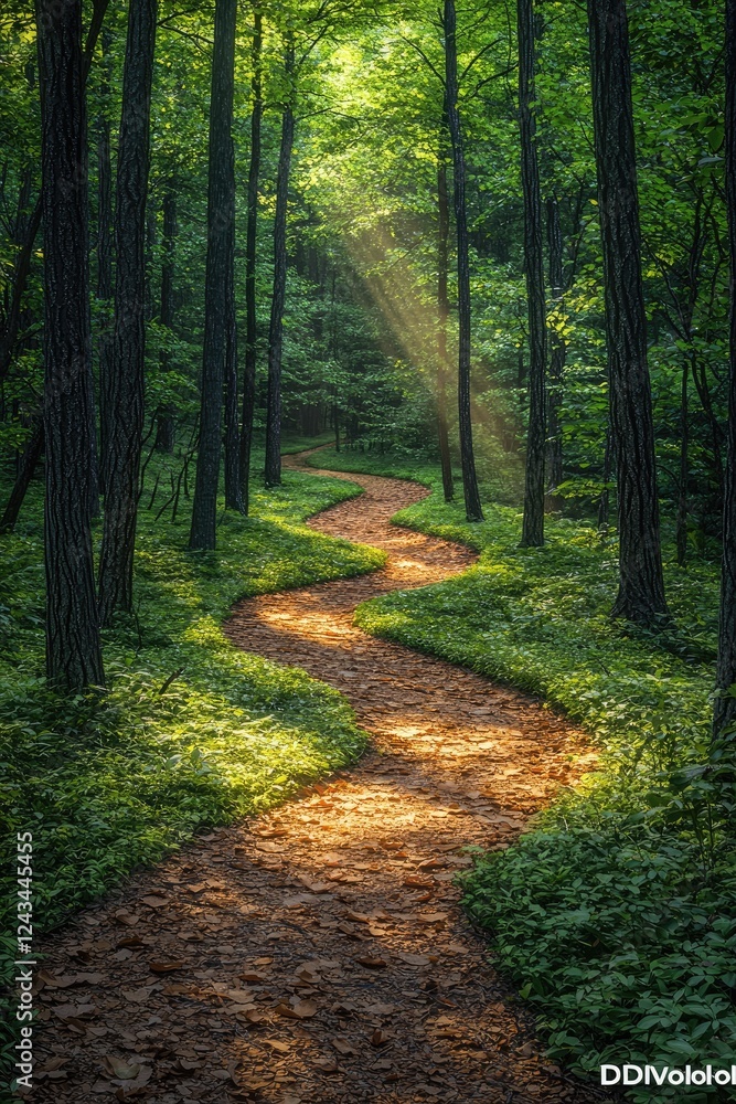 Fototapeta premium Sunlit Forest Path Winding Through Lush Green Trees