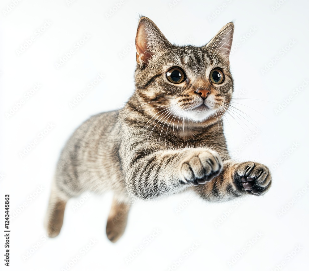Obraz premium Playful tabby cat leaping in mid-air with an expression of curiosity and excitement against a clean white background