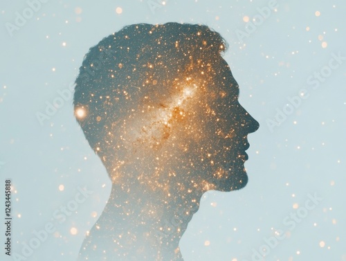 Silhouette of young caucasian male with cosmic galaxy overlay