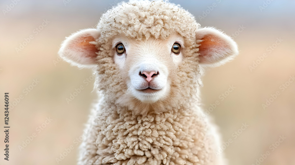 Fototapeta premium Cute lamb portrait, farm background, spring pasture, animal photography