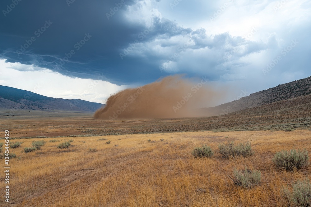 Dust Storm Approaching Over Arid Landscape with Dramatic Clouds Dust Storm Approaching Over Arid Landscape with Dramatic Clouds