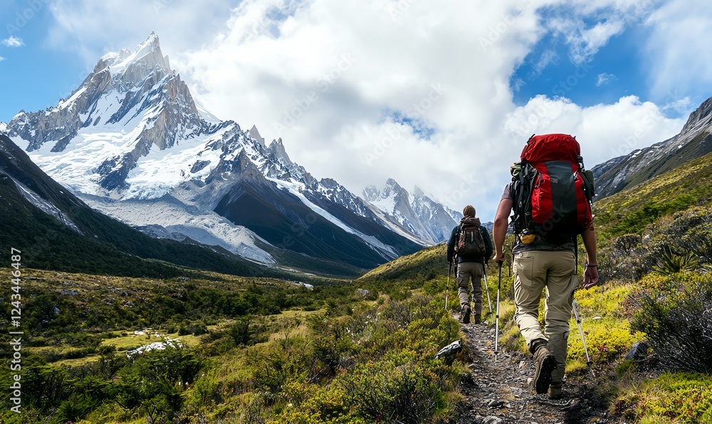 Two hikers trek through a picturesque mountain landscape, surrounded by towering peaks and lush green valleys Two hikers trek through a picturesque mountain landscape, surrounded by towering peaks and lush green valleys