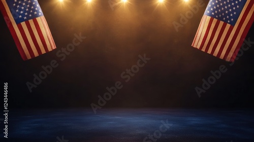 Proudly American: Photorealistic Flags on Blue Background with Copy Space and Soft Lighting photo