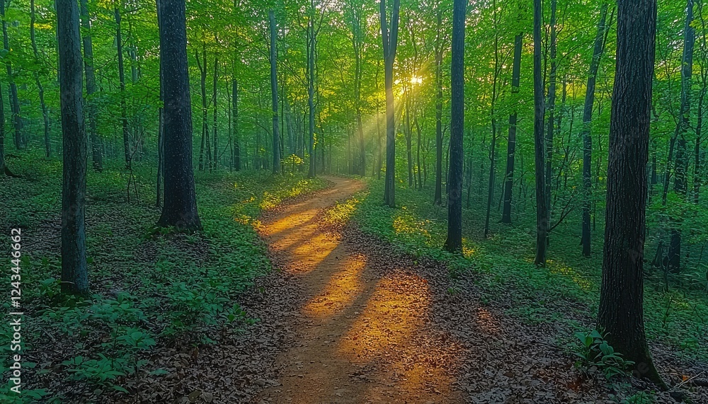 Sunlit Path Through Lush Green Forest Sunlit Path Through Lush Green Forest