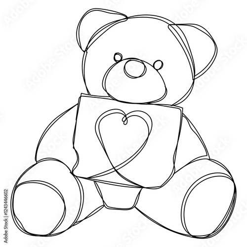 Dessin en ligne continue d'un ours en peluche portant une carte avec un cœur, line art, vecteur
