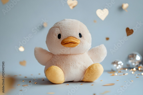 A cute duck with easter eggs sitting on the ground, against a wall with silver and golden heart shaped decor, with minimalist decoration in warm golden elements and pastel colors. photo