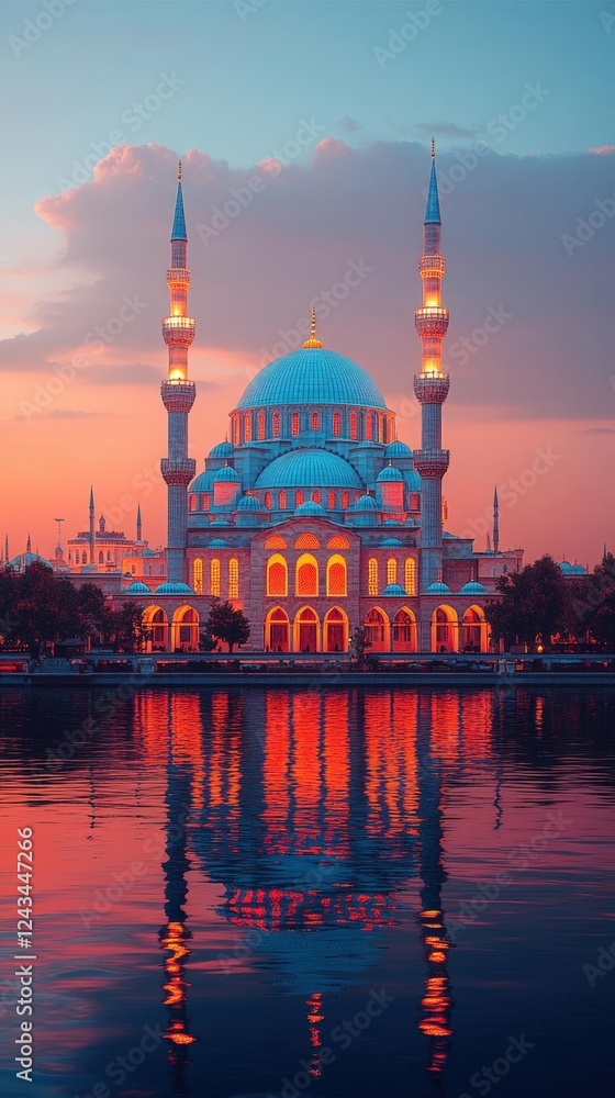 Fototapeta premium Illuminated Mosque at Sunset with Water Reflection