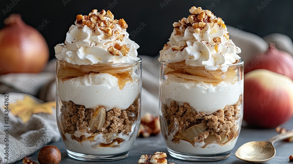 Delicious layered dessert parfaits with whipped cream and walnuts Delicious layered dessert parfaits with whipped cream and walnuts