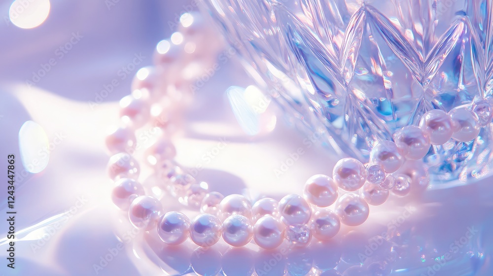 A strand of pearls draped over a crystal vase with light refracting through the beads A strand of pearls draped over a crystal vase with light refracting through the beads