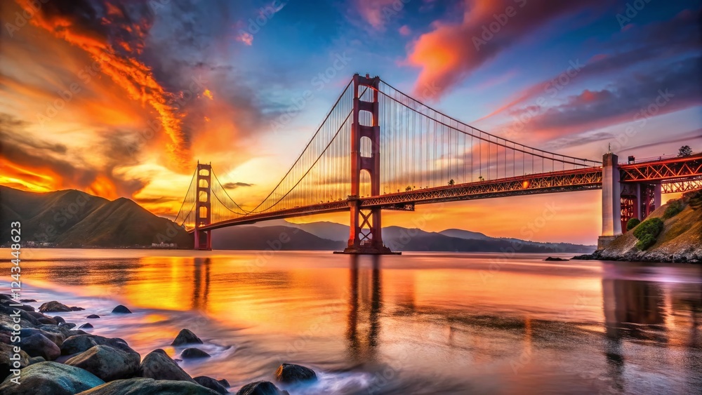Obraz premium Golden Gate Bridge Sunset Panorama: Iconic San Francisco Landmark at Dusk