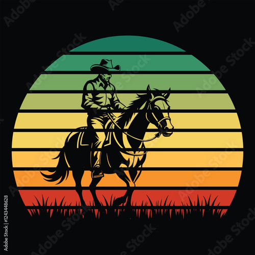 Cowboy Silhouette with Retro Sunset Illustration Vector
