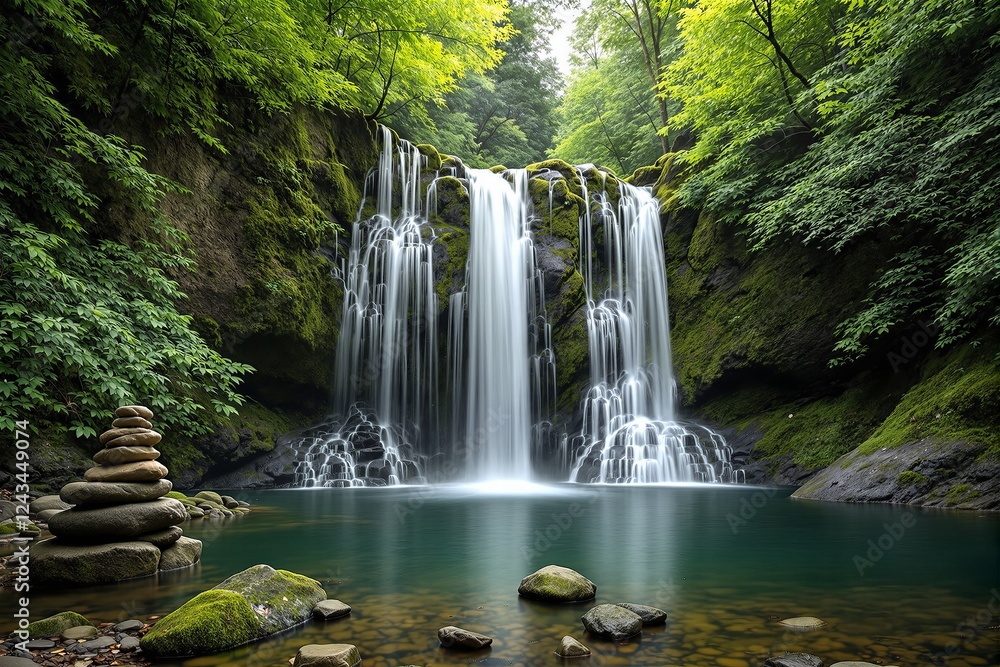 Obraz premium Peaceful waterfall flowing into a clear pool, surrounded by moss-covered rocks and dense green foliage, creating a tranquil nature scene. Ai generative