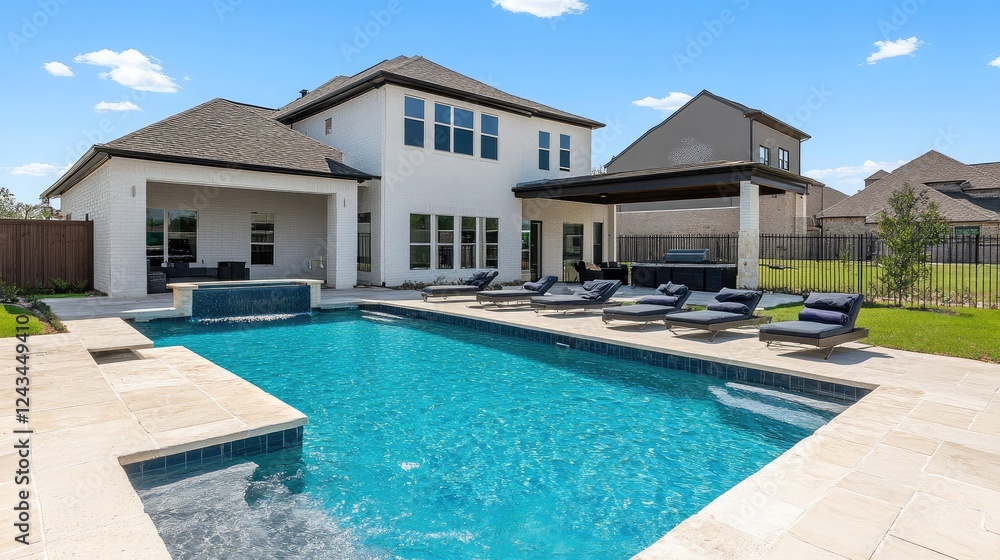 Fototapeta premium Backyard pool area with a patio, sun loungers, and a modern home in the background