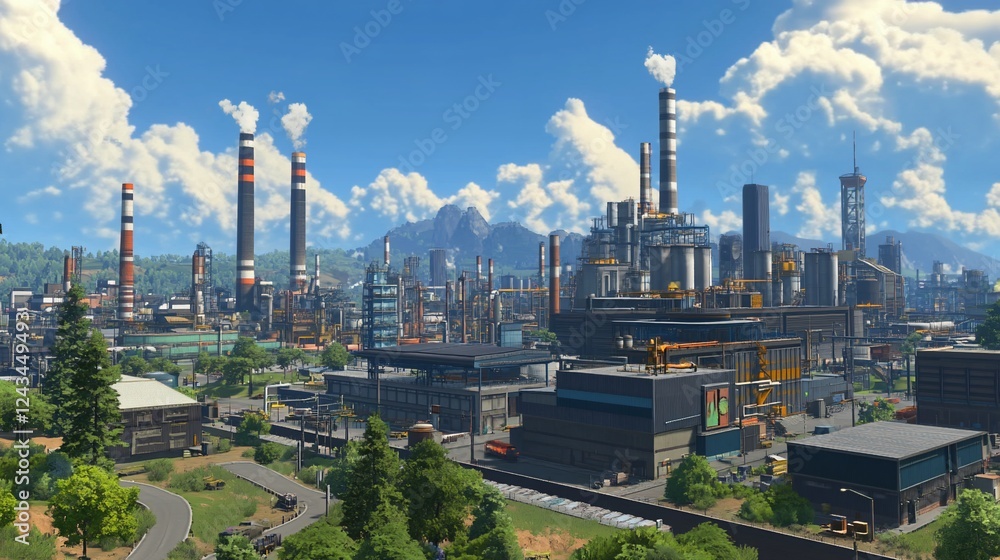Industrial city skyline with factories, mountains, and green spaces. Industrial city skyline with factories, mountains, and green spaces.
