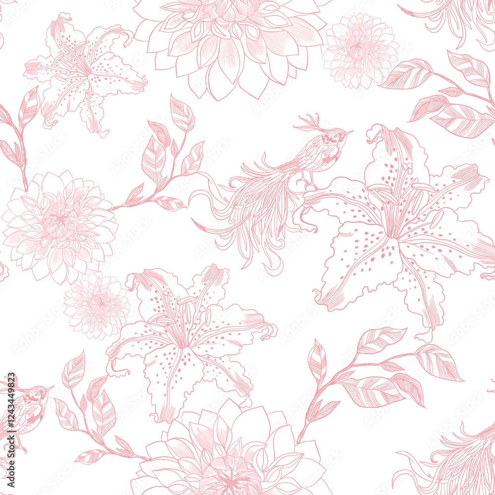 Fototapeta premium Toile De Jouy Vintage Elegant Graphics. Featuring delicate Lily florals, goliage, Dahlia, graceful birds, and romantic motifs
