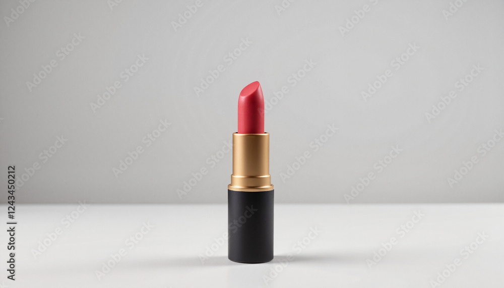Classic red lipstick in sleek black and gold tube on clean white surface, minimalistic style Classic red lipstick in sleek black and gold tube on clean white surface, minimalistic style